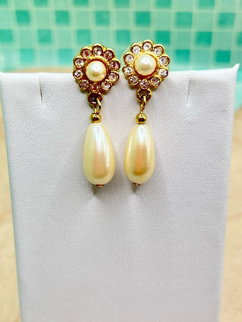 Vintage Faux Pearl & Rhinestone Drop Earrings Gold Tone Bridal Coquette Glam